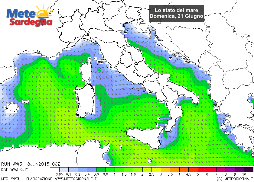 Altezze d'onda nelle ore centrali di domenica.