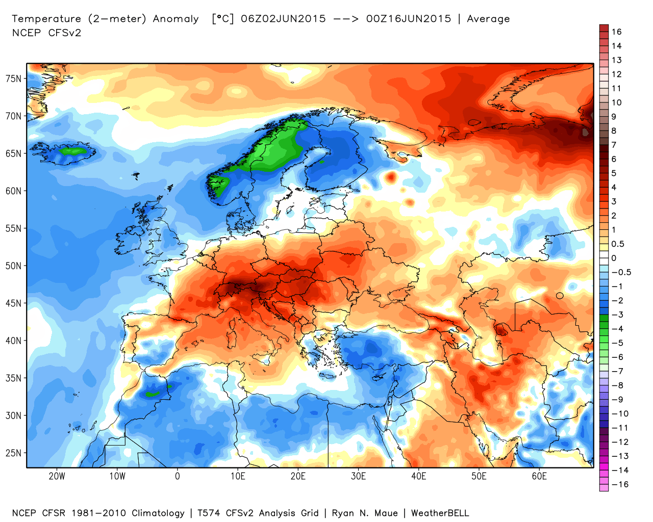 ncep cfsr europe t2m 2weeks anom - Il super caldo prosegue anche in giugno: ecco i dati