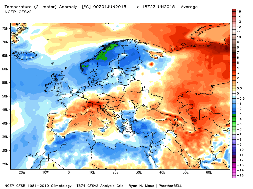 ncep cfsr europe t2m anom - Prime 3 settimane di giugno molto calde: ecco quanto