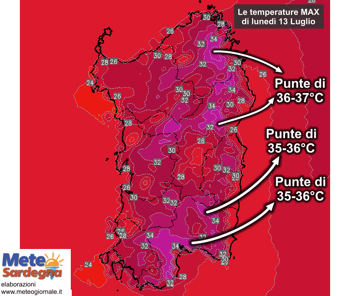 Temperature massime6 - Sardegna spaccata in due: farà caldo a est, meno a ovest
