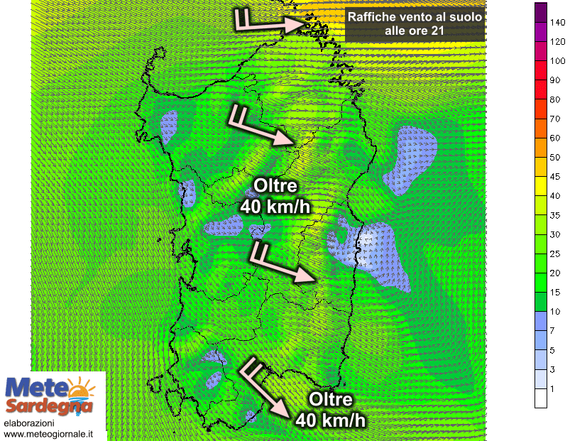 Le raffiche di vento al suolo alle ore 21 di sabato 25 Luglio.