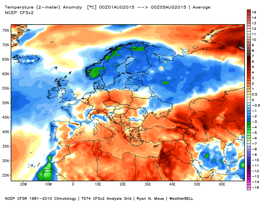 Anomalie Europa - Primi giorni d'agosto: gran caldo a sud, fresco a nord