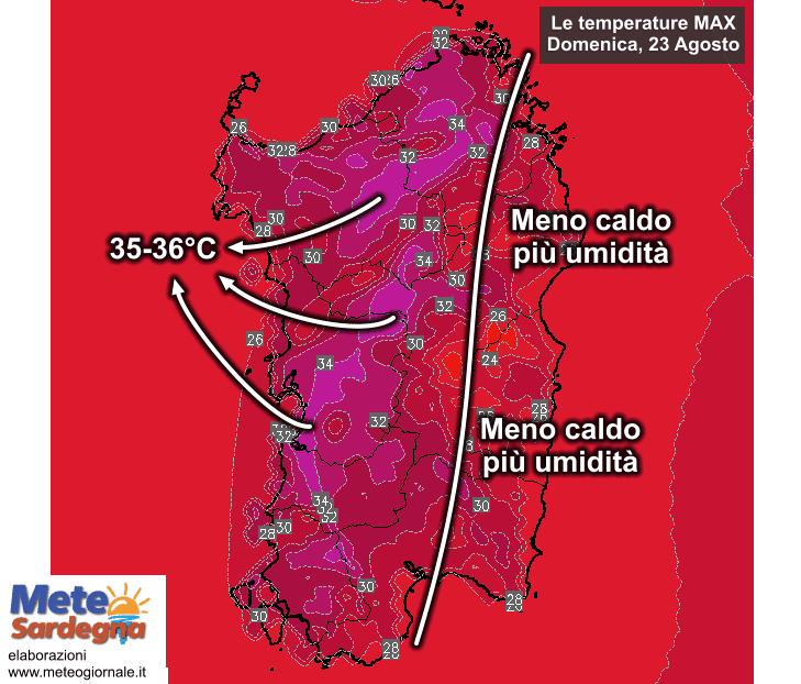 Le temperature massime attese domenica 23 Agosto.