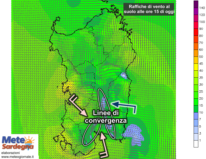Le raffiche di vento al suolo alle ore 15 di oggi, mercoledì 12 Agosto.