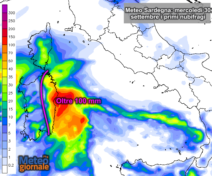 Le precipitazioni mercoledì 30 settembre secondo il modello di previsione del Meteo Giornale.