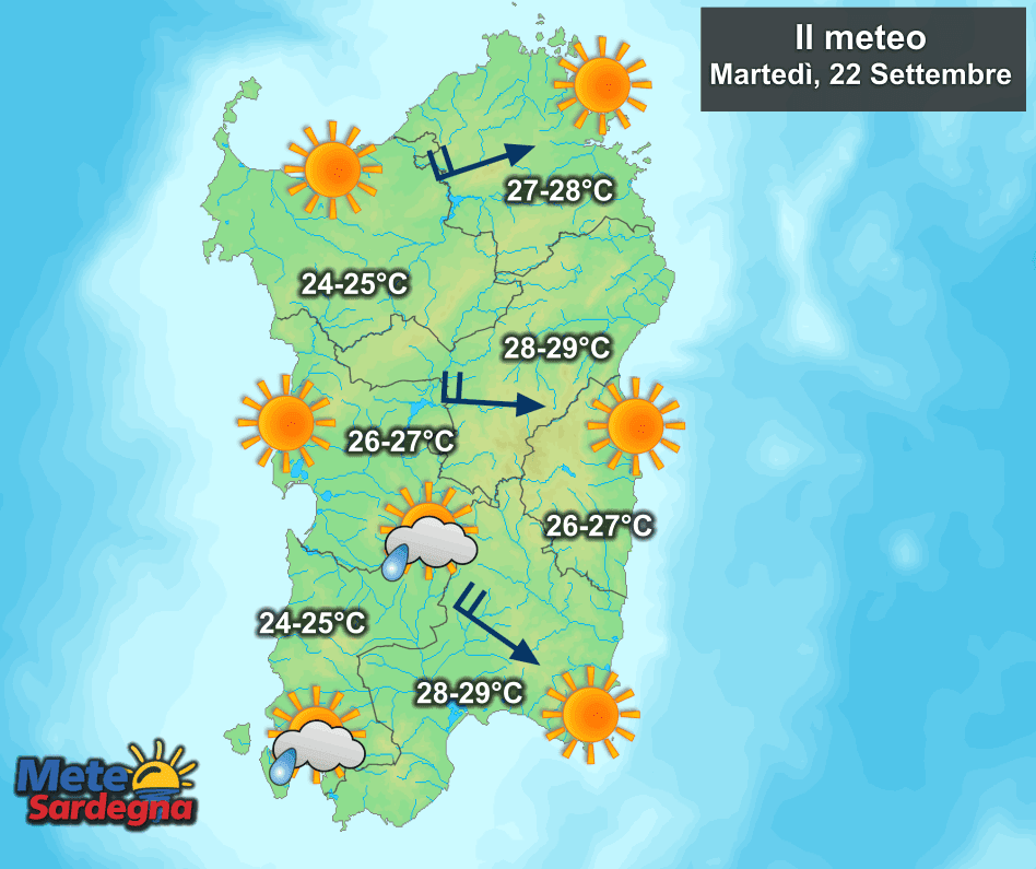 La previsione meteo per la giornata di martedì 22 Settembre.