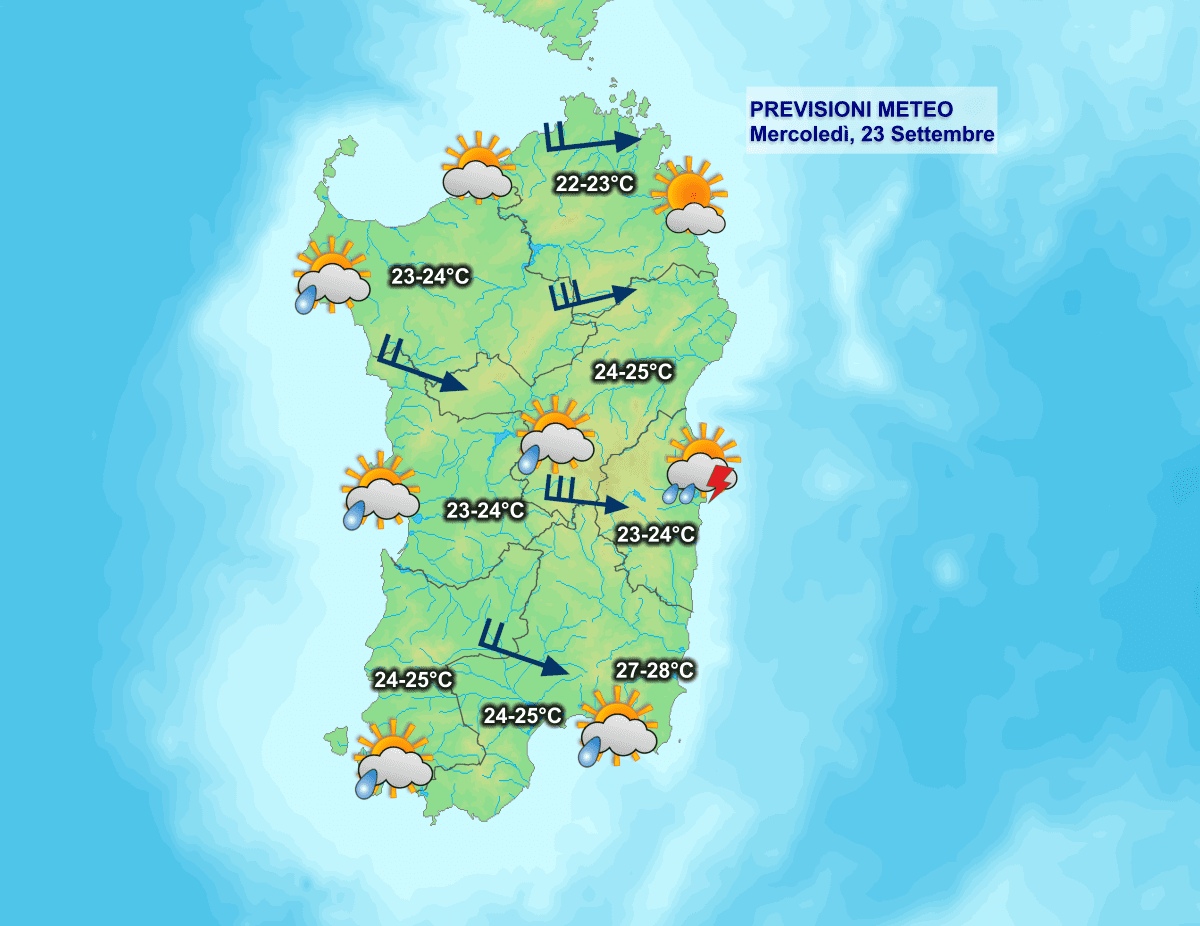 La previsione per la giornata di oggi, mercoledì 23 Settembre.