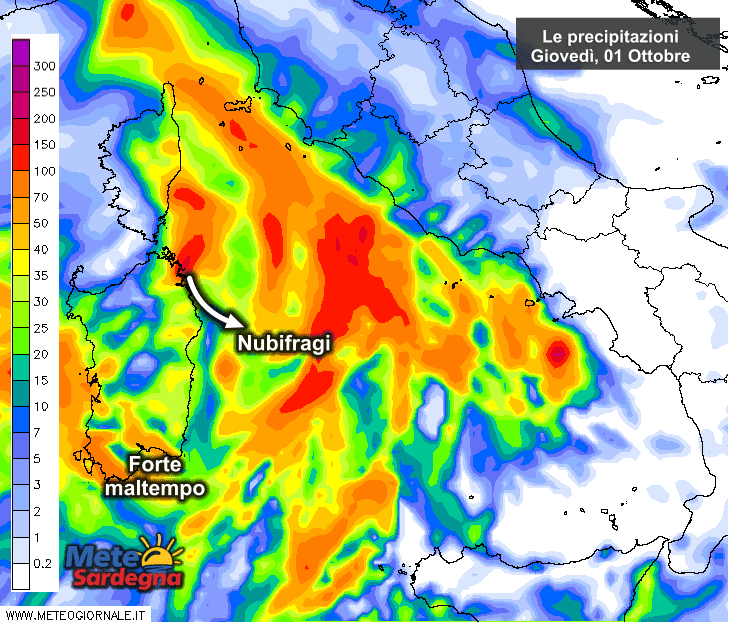 Gli accumuli di pioggia nella giornata di Giovedì 01 Ottobre.