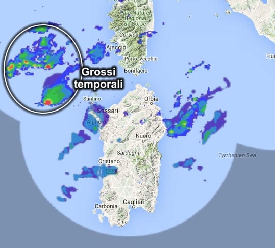 Radar5 - Primi grossi temporali a ovest della Sardegna