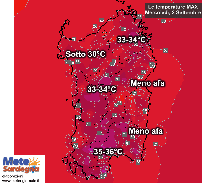 Le temperature massime di mercoledì, 02 settembre.
