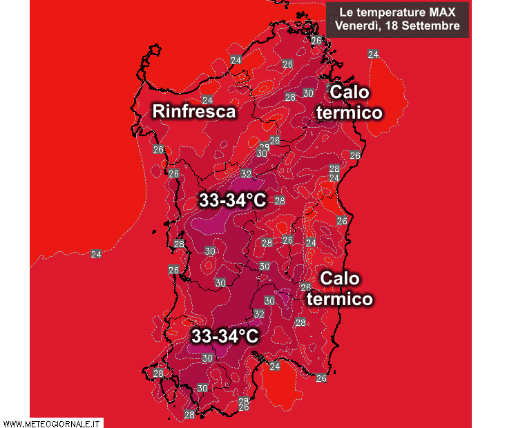 Le temperature massime di venerdì 18 settembre.