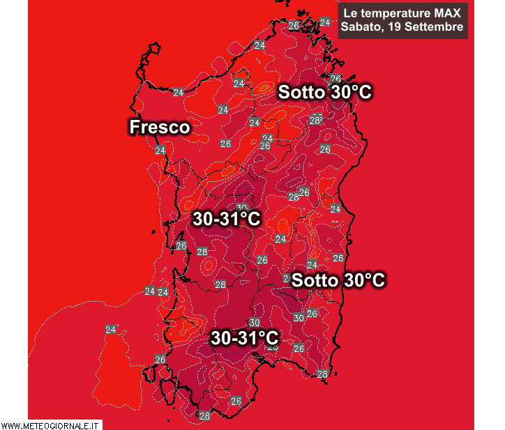 Temperature massime11 - Temperature in netto calo, oggi quasi ovunque sotto 30°C