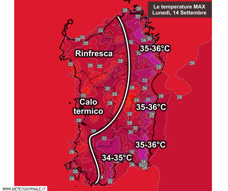 Le temperature massime di lunedì 14 Settembre.