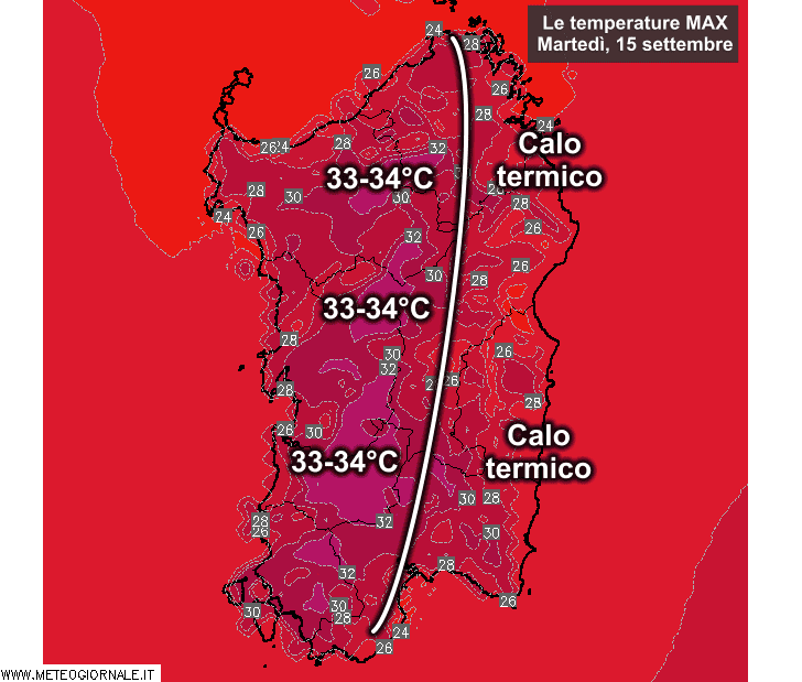 Le temperature massime martedì 15 Settembre.