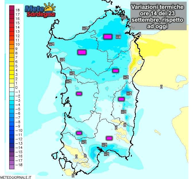 Le differenze di temperatura delle ore 14 di mercoledì 23 Settembre, rispetto alla stessa ora di oggi.