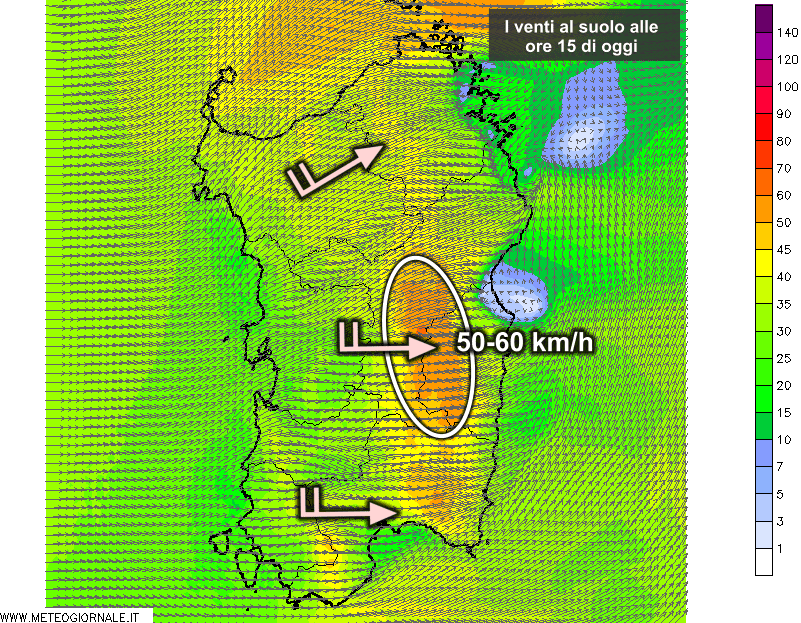 Le raffiche di vento al suolo alle ore 15 di oggi, lunedì 14 settembre.