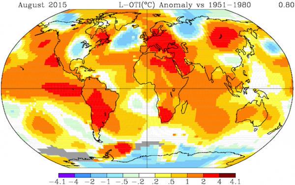 agosto 2015 anomalie superficie terrestre - Agosto 2015 è stato il mese di agosto più caldo di sempre!
