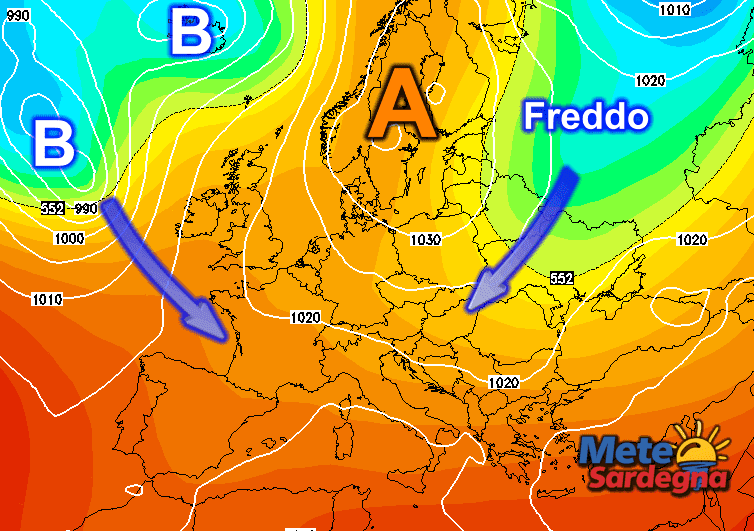 Multimodel GFS-ECMWF del 10 ottobre: si scorge la prima irruzione fredda verso l'Europa centro orientale.