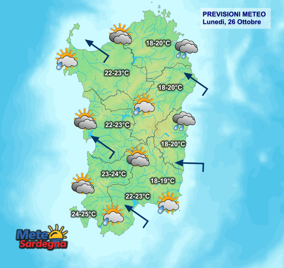 Il meteo di oggi, lunedì 26 Ottobre.