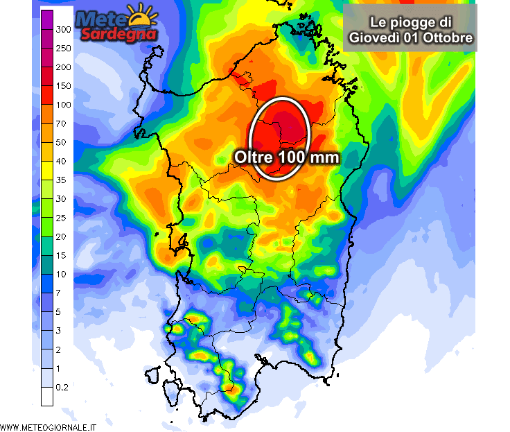Le piogge di oggi 01 Ottobre secondo il nostro LAM o modello matematico ad altissima risoluzione.