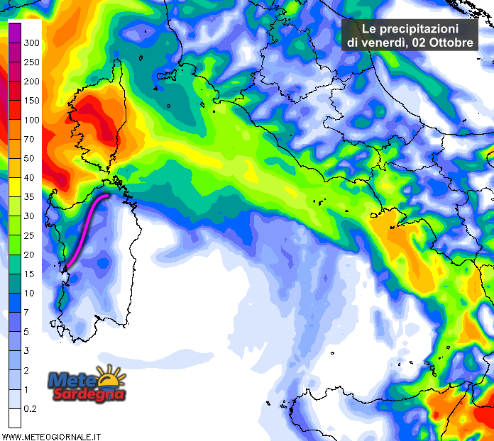 Le piogge venerdì 02 Ottobre secondo il modello di previsione del Meteo Giornale.