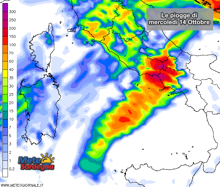 Le piogge mercoledì 14 Ottobre secondo il modello di previsione del Meteo Giornale.
