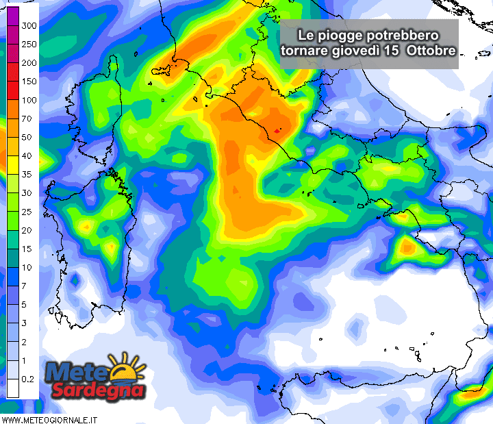 Le piogge potrebbero ripresentarsi in Sardegna nella giornata di giovedì 15 Ottobre.