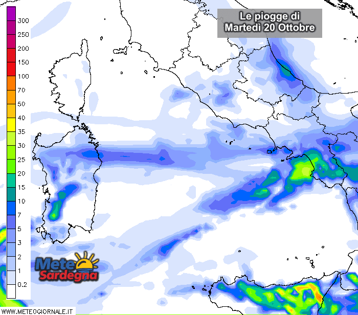 Le piogge di martedì 20 Ottobre secondo il modello LAM del Meteo Giornale.
