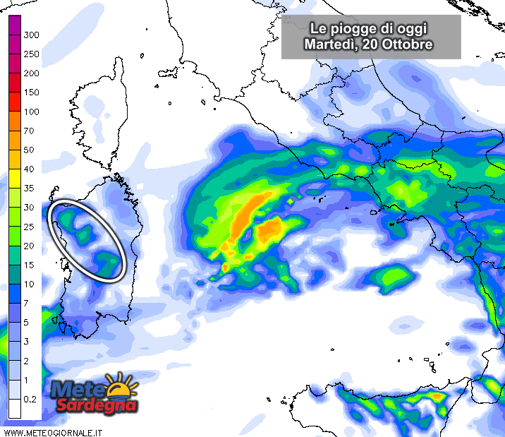 Le piogge di oggi, martedì 20 Ottobre secondo il LAM ad alta risoluzione del Meteo Giornale.