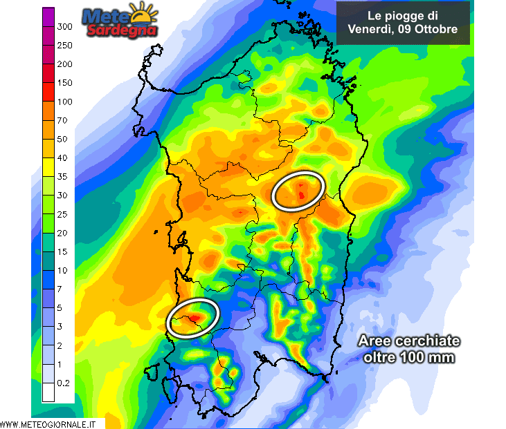 Gli accumuli di pioggia nelle 24 ore di oggi, venerdì 09 Ottobre, secondo il modello LAM del Meteo Sardegna.