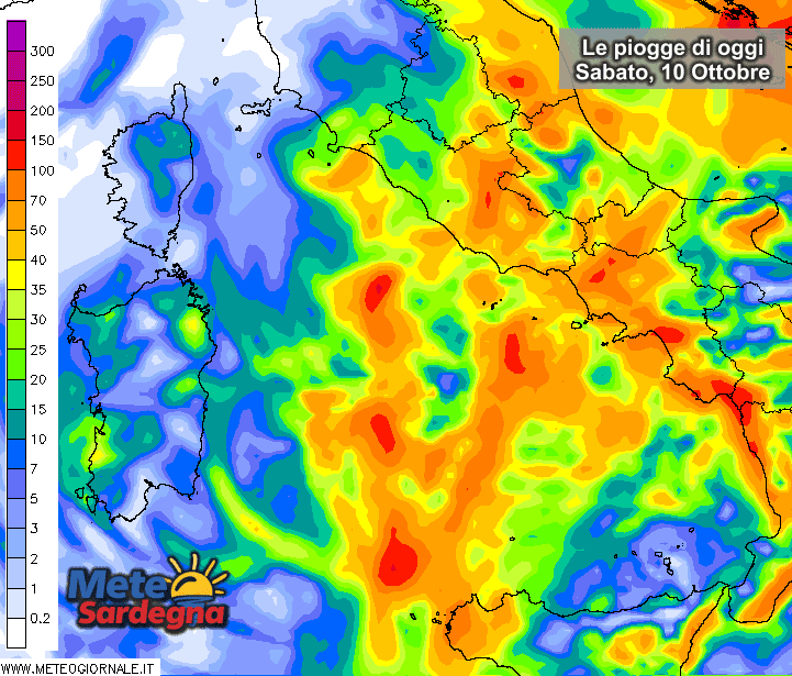 Le piogge di sabato 10 Ottobre secondo il modello ad alta risoluzione del Meteo Giornale.