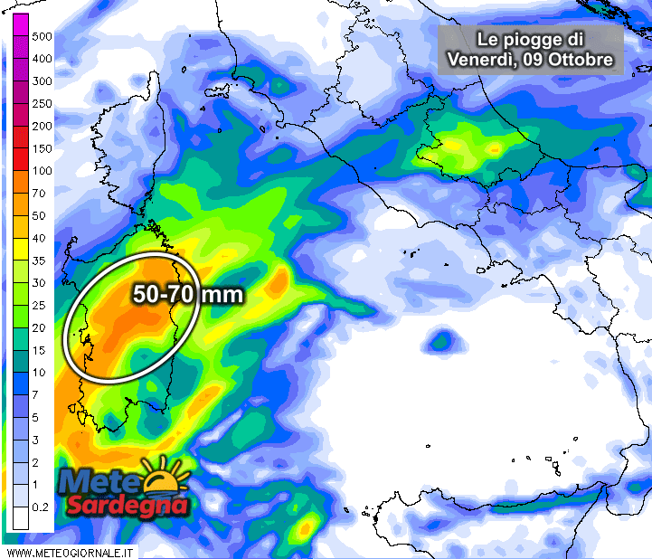 Gli accumuli di pioggia nelle 24 ore di oggi, venerdì 09 Ottobre, secondo il modello previsionale del Meteo Giornale.