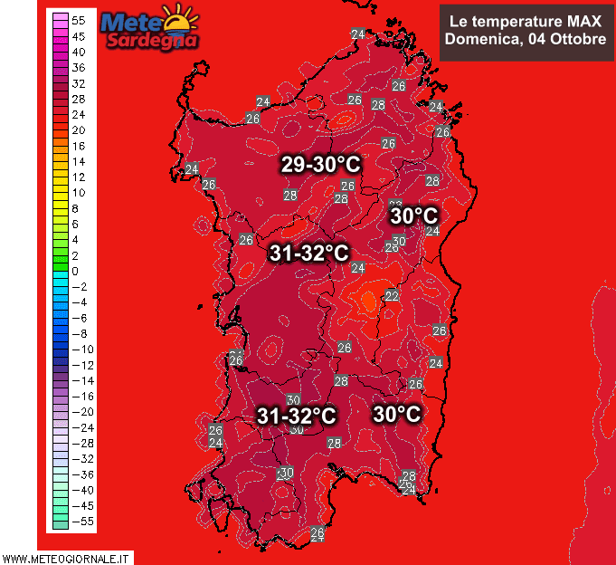 Le temperature massime previste per la giornata di domenica 04 Ottobre.