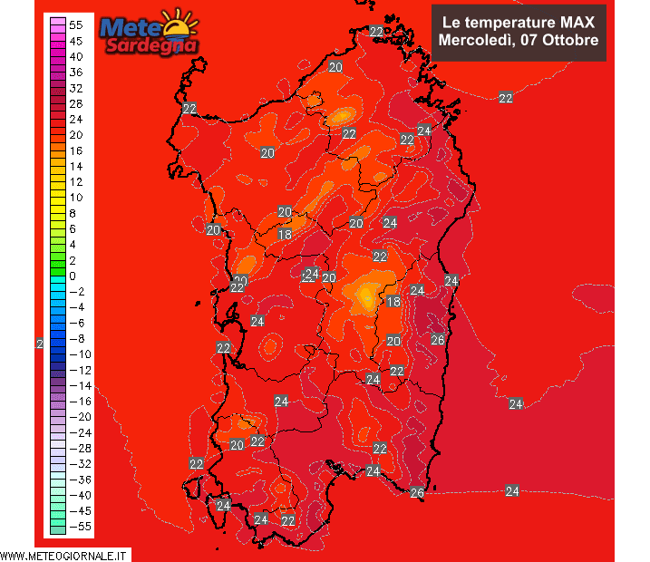 Le temperature massime di oggi, mercoledì 07 Ottobre.
