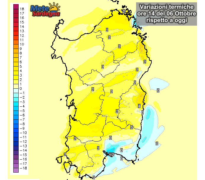 Le differenze di temperature delle ore 14 di Martedì 06 Ottobre, rispetto alla stessa ora di oggi.