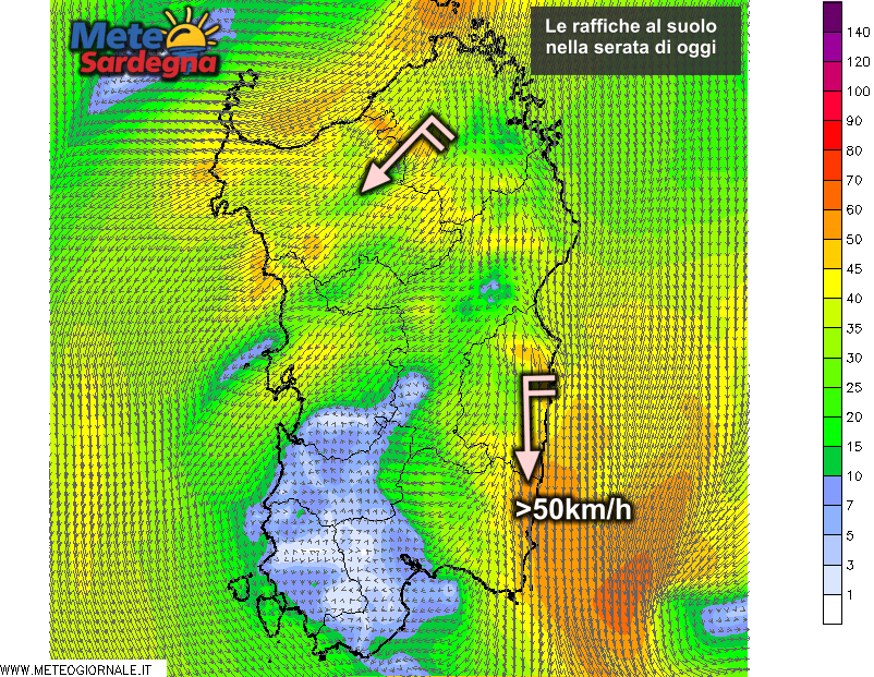 Le raffiche di vento al suolo alle ore 21 di oggi.