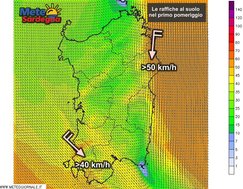 Le raffiche di vento al suolo alle ore 16 di oggi.