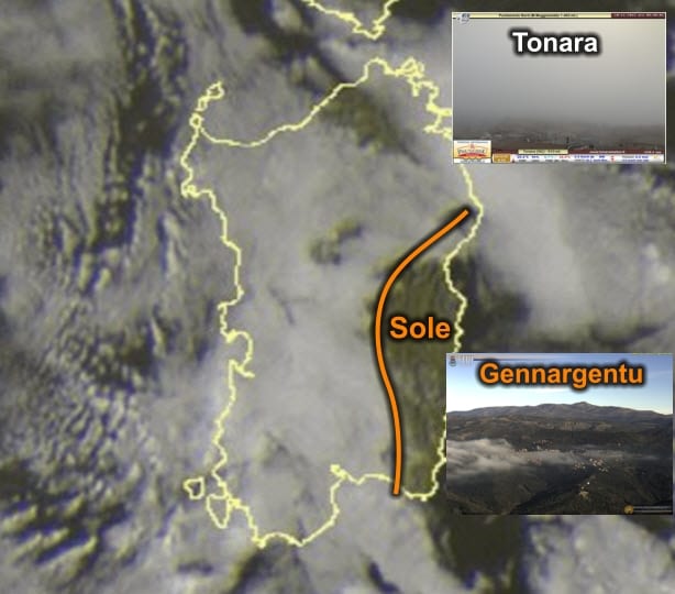 Meteosat3 - Nubi basse su oltre mezza Sardegna. Sole su Ogliastra e Sarrabus
