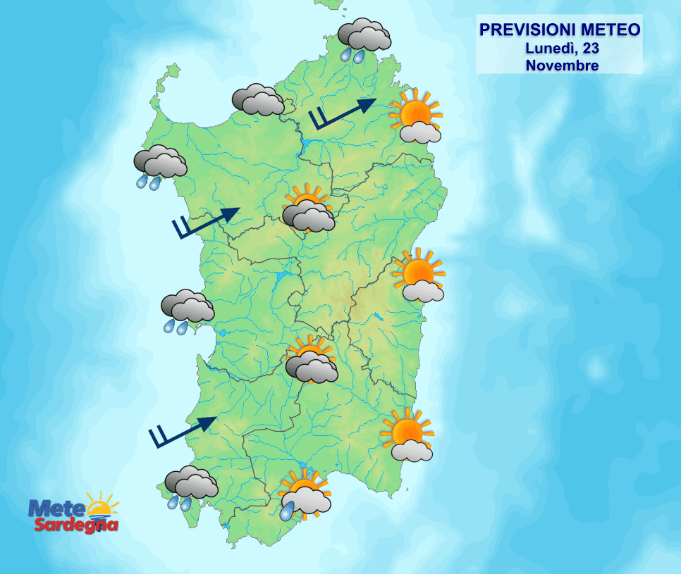 Le previsioni meteo per la giornata di oggi, lunedì 23 novembre.
