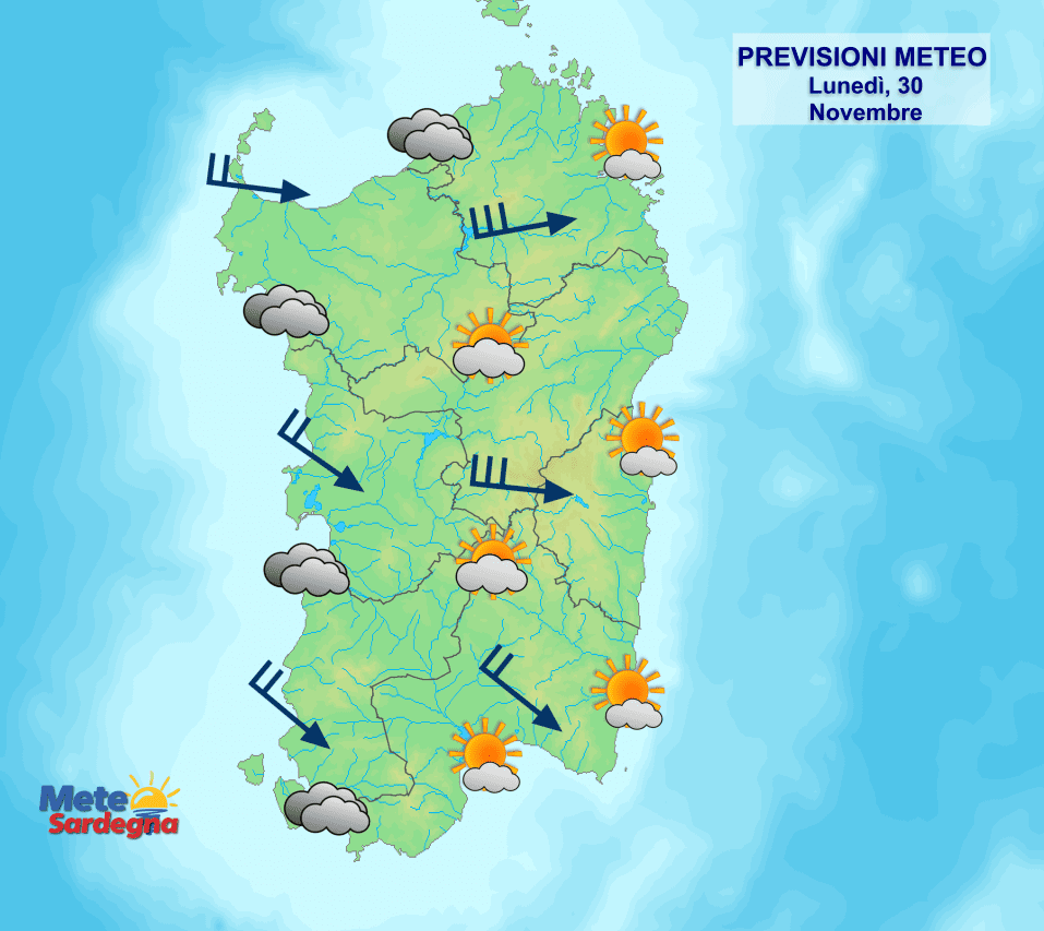 Il meteo di oggi, lunedì 30 Novembre.