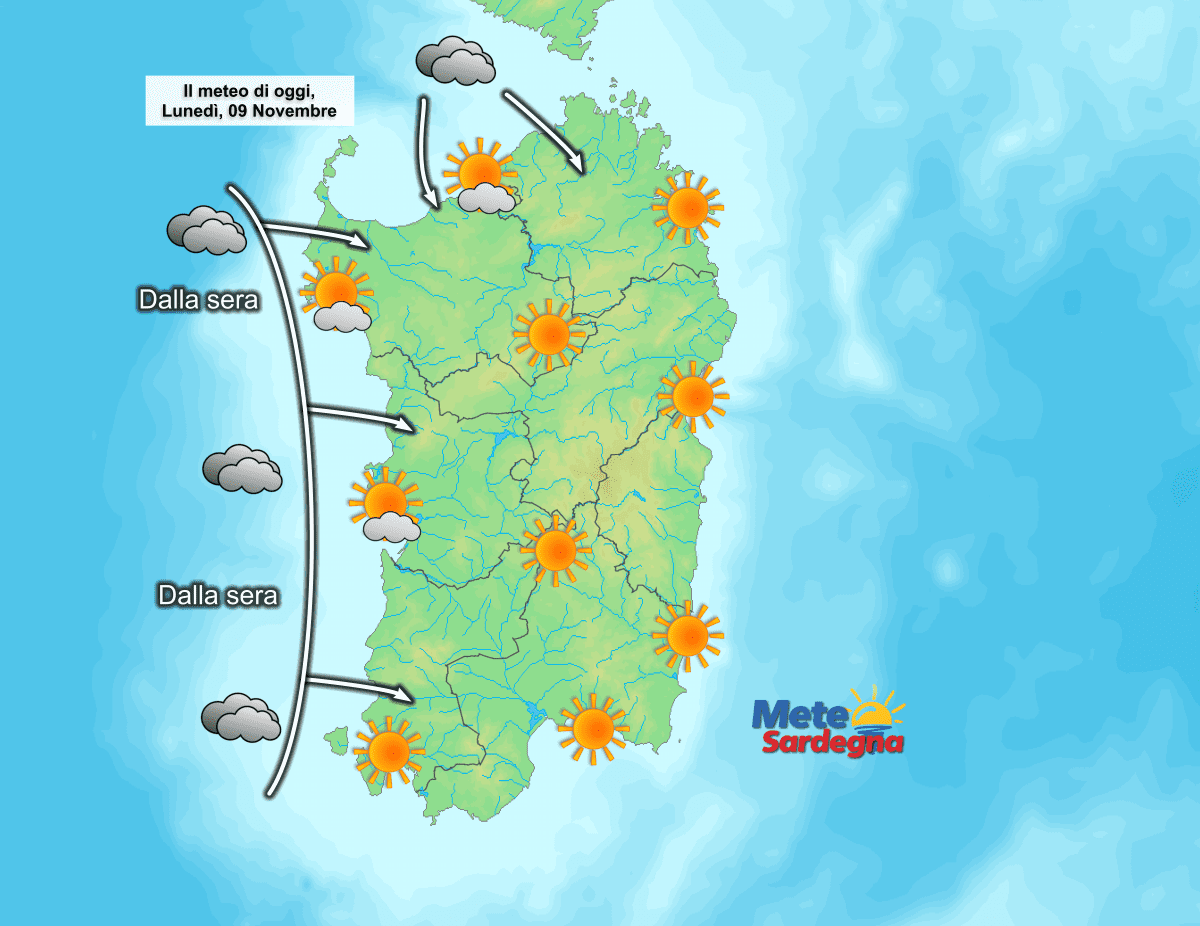 Il meteo di oggi, lunedì 09 Novembre.