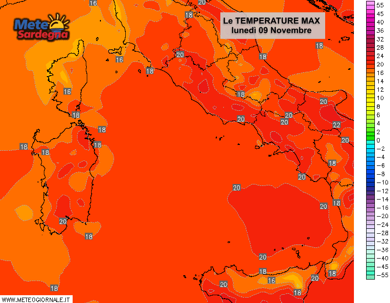 Le temperature massime previste lunedì 09 Novembre.