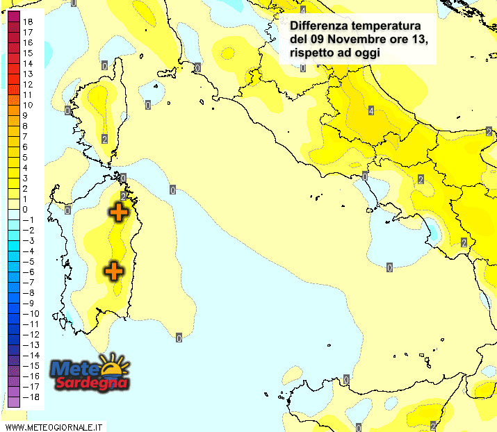 Le variazioni di temperatura delle ore 13 di lunedì 09 Novembre, rispetto ad oggi.