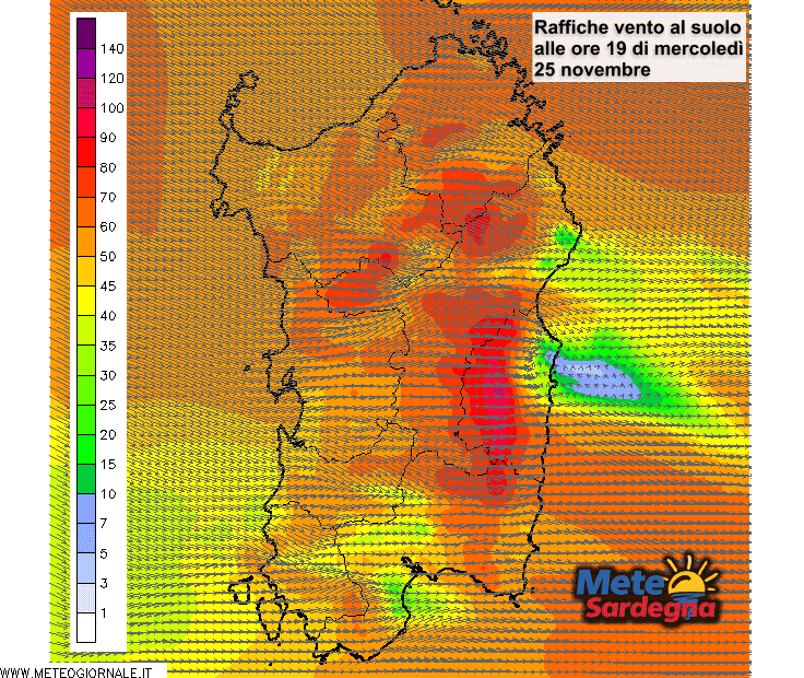 Le raffiche di vento al suolo alle ore 19 di oggi, mercoledì 25 Novembre.