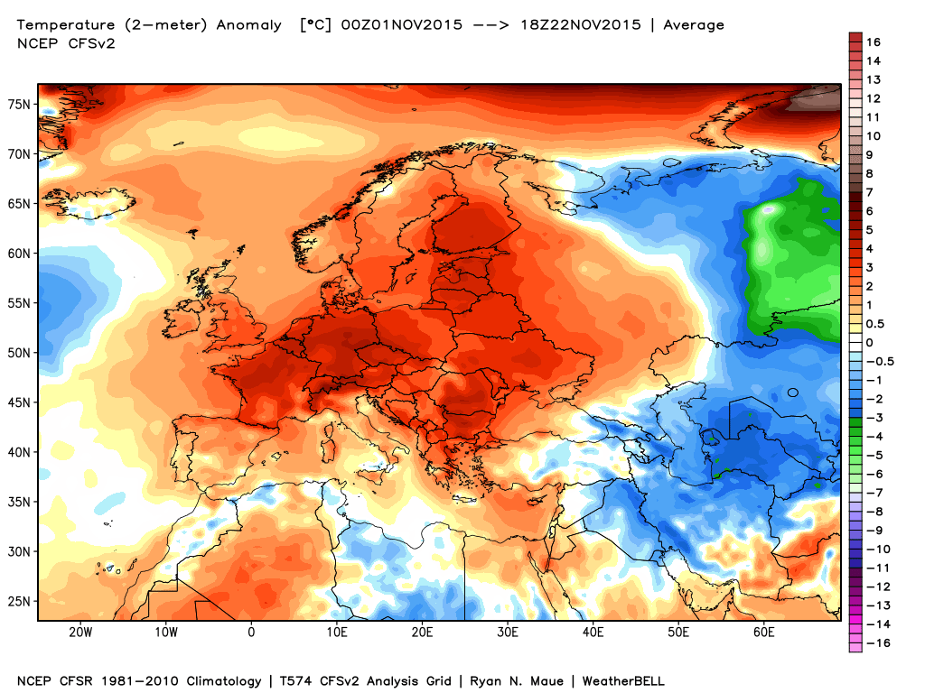 Le anomalie termiche in Europa da inizio novembre alla giornata del 22 novembre.