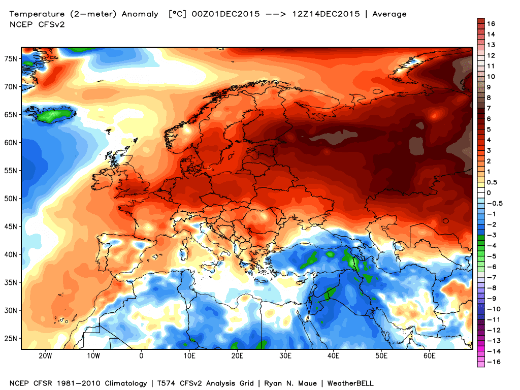 Le anomalie termiche delle prime due settimane di Dicembre su base dati NCEP NOAA.