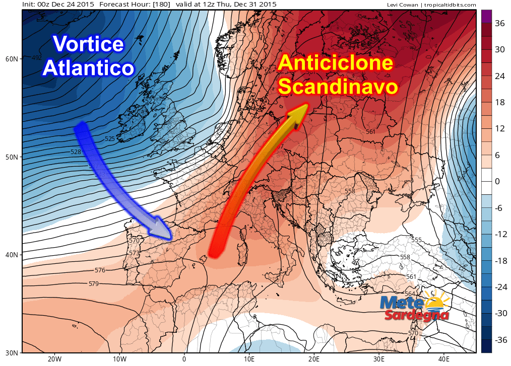 Le anomalie di pressione (rispetto alla media 1981-2010) alla quota 500 hPa (circa 5500 metri d'altitudine). Evidente il forte rialzo pressorio in Scandinavia e l'avvicinamento delle perturbazioni atlantiche all'Europa occidentale.