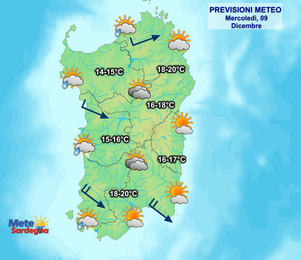 Il meteo di oggi, mercoledì 09 Dicembre.
