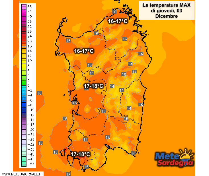Le temperature massime di oggi, giovedì 03 Dicembre.
