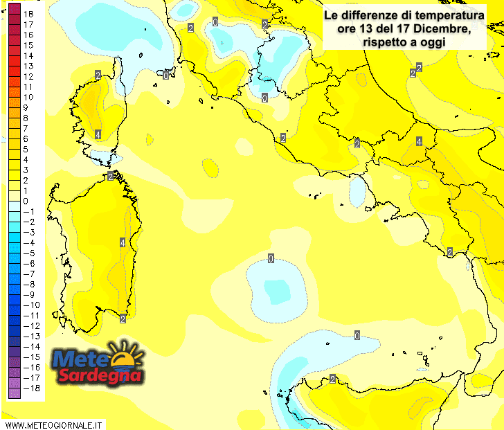 Le differenze di temperatura delle ore 13 del 17 dicembre, rispetto a oggi.